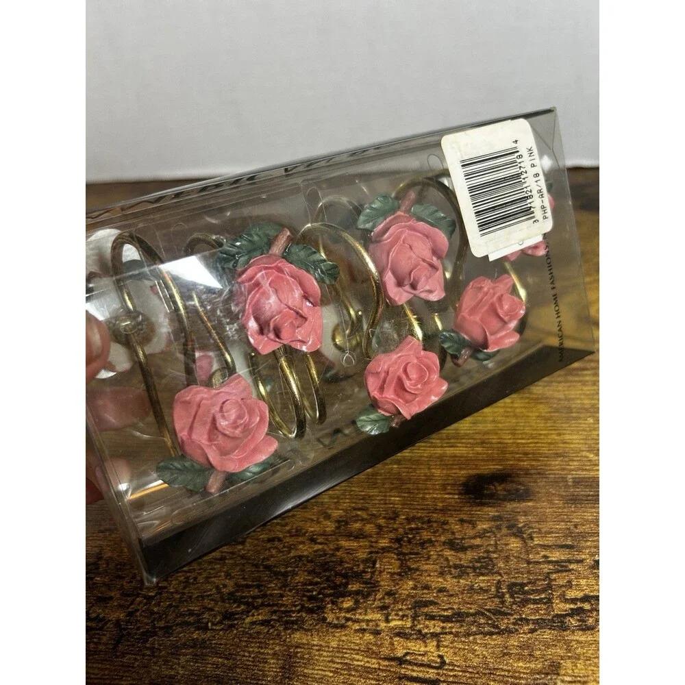 Vintage American Rose 12 Hand-Painted Pink Roses Shower Curtain Hooks Set in Box